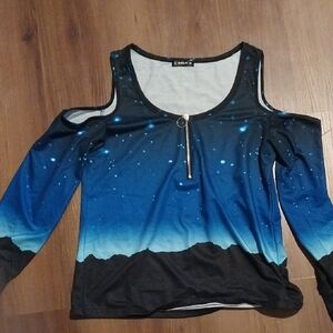 Blue and Black Cold Shoulder Top